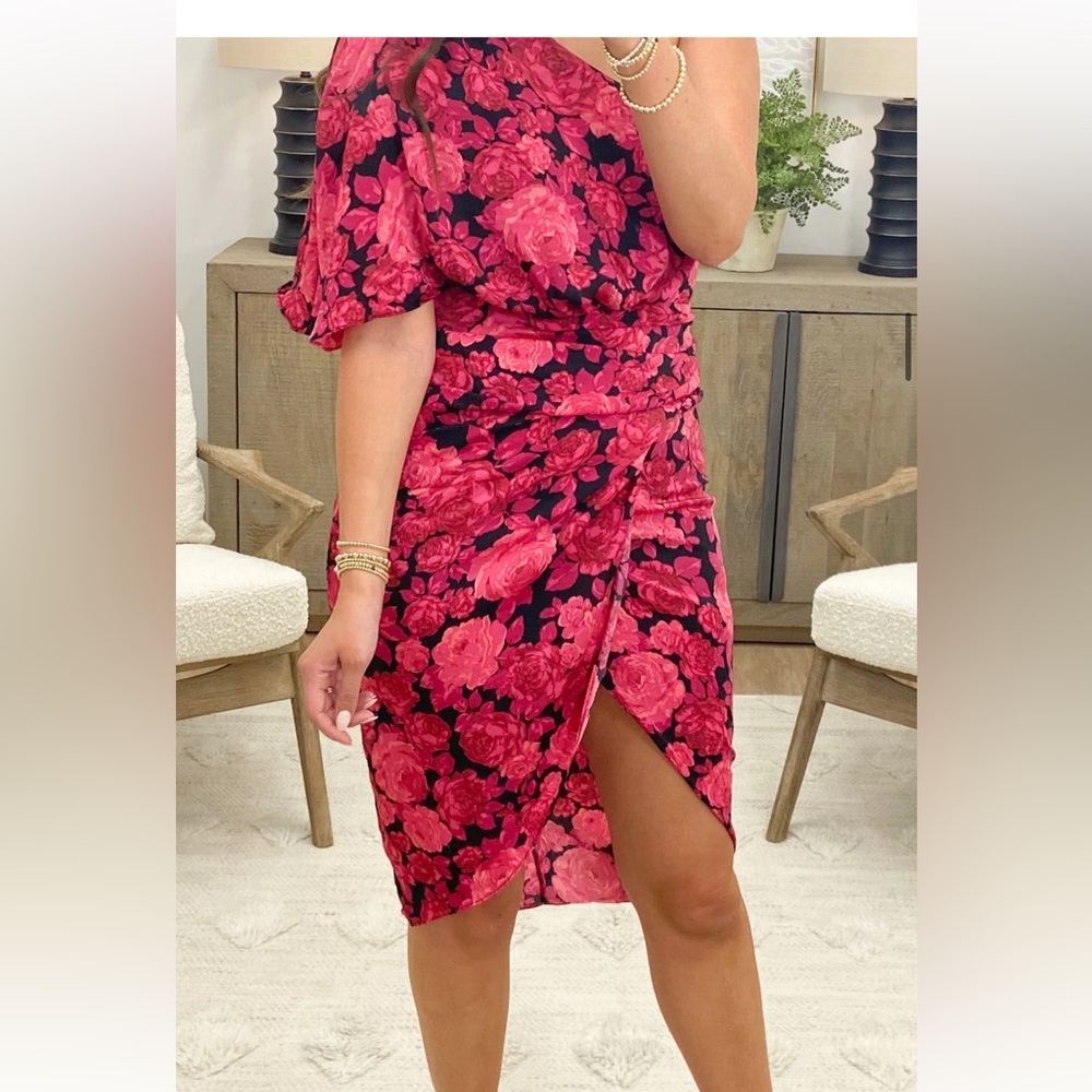One shoulder, irregular hem, floral print dress. Size large